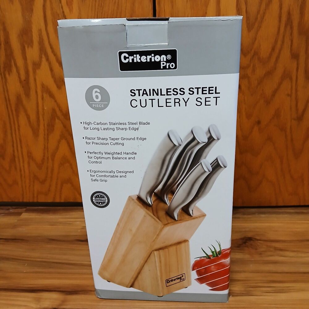 CRITERION Pro 6-Piece Stainless Steel Kitchen Knife Set with Wooden Block NEW